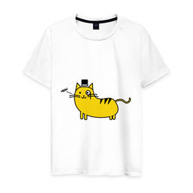 Мужская футболка хлопок с принтом Кот аристократ в Курске, 100% хлопок | прямой крой, круглый вырез горловины, длина до линии бедер, слегка спущенное плечо. | аристократ | желтый кот | кот | кот аристократ | котик | котяра | цилиндр