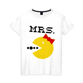 Женская футболка хлопок с принтом Миссис Pac-man (парная) в Курске, 100% хлопок | прямой крой, круглый вырез горловины, длина до линии бедер, слегка спущенное плечо | 14 февраля | : парные | для двоих | миссис pac man