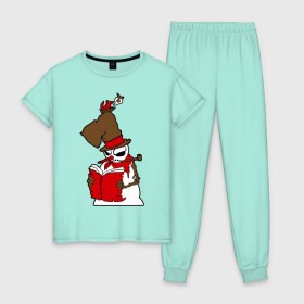 Женская пижама хлопок с принтом снеговик с книжкой в Курске, 100% хлопок | брюки и футболка прямого кроя, без карманов, на брюках мягкая резинка на поясе и по низу штанин | 