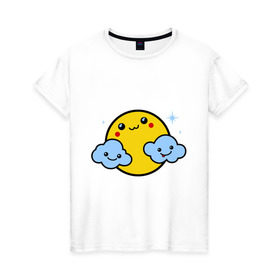 Женская футболка хлопок с принтом Солнышко с облаками в Курске, 100% хлопок | прямой крой, круглый вырез горловины, длина до линии бедер, слегка спущенное плечо | позитив и смайлы | прикольные картинки | солнышко с облаками