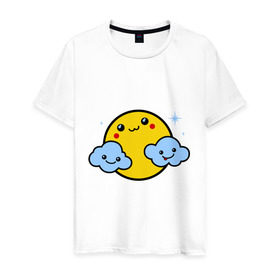 Мужская футболка хлопок с принтом Солнышко с облаками в Курске, 100% хлопок | прямой крой, круглый вырез горловины, длина до линии бедер, слегка спущенное плечо. | позитив и смайлы | прикольные картинки | солнышко с облаками