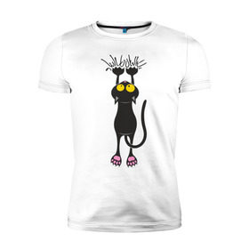 Мужская футболка премиум с принтом Висящий кот в Курске, 92% хлопок, 8% лайкра | приталенный силуэт, круглый вырез ворота, длина до линии бедра, короткий рукав | висящий кот | когти | котик | котяра | кошки | милый кот | повис | черный кот