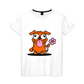 Женская футболка хлопок с принтом собачка с цветочком в Курске, 100% хлопок | прямой крой, круглый вырез горловины, длина до линии бедер, слегка спущенное плечо | животное | любовь | милый песик | песик | собачка с цветочком | цветок