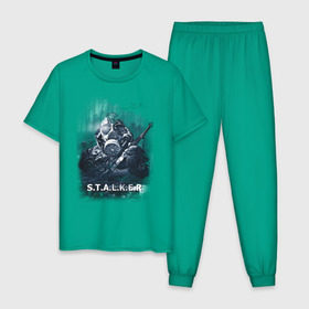 Мужская пижама хлопок с принтом STALKER в Курске, 100% хлопок | брюки и футболка прямого кроя, без карманов, на брюках мягкая резинка на поясе и по низу штанин
 | shooter | stalker | постапокалиптические | припять | радиация | сталкер | чернобыль | шутер