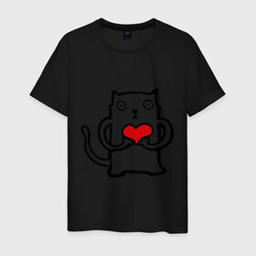 Мужская футболка хлопок с принтом Влюбенный котик в Курске, 100% хлопок | прямой крой, круглый вырез горловины, длина до линии бедер, слегка спущенное плечо. | 14 febrary | 14 февраля | cat | heart | love | saint valentines day | влюбленные | влюбленным | день святого валентина | кот | любовь | пара | подарок влюбленным | сердце