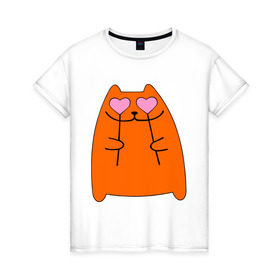 Женская футболка хлопок с принтом кот с сердечками парная женская в Курске, 100% хлопок | прямой крой, круглый вырез горловины, длина до линии бедер, слегка спущенное плечо | 14 февраля | для двоих | киска | кот с сердечками парная женская | парные