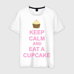 Мужская футболка хлопок с принтом keep calm and eat a cupcake в Курске, 100% хлопок | прямой крой, круглый вырез горловины, длина до линии бедер, слегка спущенное плечо. | keep calm and eat a cupcake | антибренд | кекс | сохранять спокойствие и съесть кекс