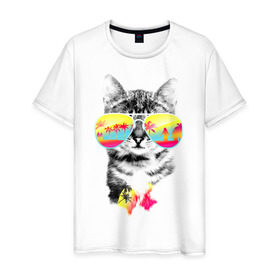 Мужская футболка хлопок с принтом Солнечный кот в Курске, 100% хлопок | прямой крой, круглый вырез горловины, длина до линии бедер, слегка спущенное плечо. | киска | кот | лето | отпуск | очки | пляж | солнечный кот | турист