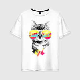 Женская футболка хлопок Oversize с принтом Солнечный кот в Курске, 100% хлопок | свободный крой, круглый ворот, спущенный рукав, длина до линии бедер
 | киска | кот | лето | отпуск | очки | пляж | солнечный кот | турист