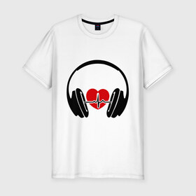 Мужская футболка премиум с принтом Музыка в сердце в Курске, 92% хлопок, 8% лайкра | приталенный силуэт, круглый вырез ворота, длина до линии бедра, короткий рукав | музыка | музыка в сердце | музыка для сердца | наушники | сердце