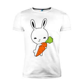 Мужская футболка премиум с принтом Зайчик с морковкой в Курске, 92% хлопок, 8% лайкра | приталенный силуэт, круглый вырез ворота, длина до линии бедра, короткий рукав | Тематика изображения на принте: животные | зайка | зайчик | зайчик с морковкой | морковка