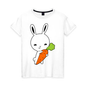 Женская футболка хлопок с принтом Зайчик с морковкой в Курске, 100% хлопок | прямой крой, круглый вырез горловины, длина до линии бедер, слегка спущенное плечо | животные | зайка | зайчик | зайчик с морковкой | морковка