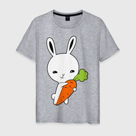 Мужская футболка хлопок с принтом Зайчик с морковкой в Курске, 100% хлопок | прямой крой, круглый вырез горловины, длина до линии бедер, слегка спущенное плечо. | Тематика изображения на принте: животные | зайка | зайчик | зайчик с морковкой | морковка