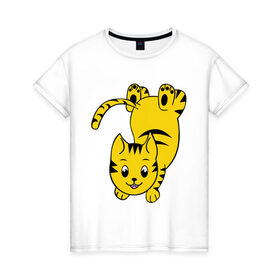 Женская футболка хлопок с принтом Веселый котенок в Курске, 100% хлопок | прямой крой, круглый вырез горловины, длина до линии бедер, слегка спущенное плечо | 