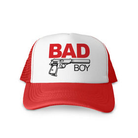 Кепка тракер с сеткой с принтом Bad boy (плохой парень) в Курске, трикотажное полотно; задняя часть — сетка | длинный козырек, универсальный размер, пластиковая застежка | bad boy