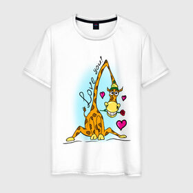 Мужская футболка хлопок с принтом Love you в Курске, 100% хлопок | прямой крой, круглый вырез горловины, длина до линии бедер, слегка спущенное плечо. | Тематика изображения на принте: love you | жираф | жирафик | люблю тебя | роза | сердечки | сердце