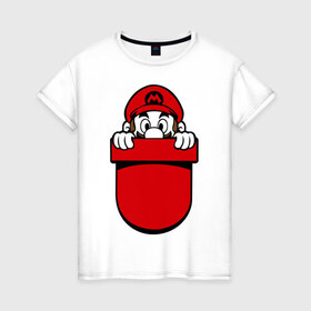 Женская футболка хлопок с принтом Марио в кармане в Курске, 100% хлопок | прямой крой, круглый вырез горловины, длина до линии бедер, слегка спущенное плечо | nintendo | марио | нинтендо