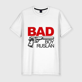 Мужская футболка премиум с принтом Плохой мальчик Руслан в Курске, 92% хлопок, 8% лайкра | приталенный силуэт, круглый вырез ворота, длина до линии бедра, короткий рукав | rus | ruslan | имена | имя | мальчик | парень | рус | руслан