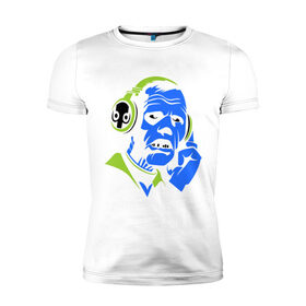 Мужская футболка премиум с принтом Зомби в наушниках в Курске, 92% хлопок, 8% лайкра | приталенный силуэт, круглый вырез ворота, длина до линии бедра, короткий рукав | Тематика изображения на принте: зомби