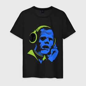 Мужская футболка хлопок с принтом Зомби в наушниках в Курске, 100% хлопок | прямой крой, круглый вырез горловины, длина до линии бедер, слегка спущенное плечо. | Тематика изображения на принте: зомби