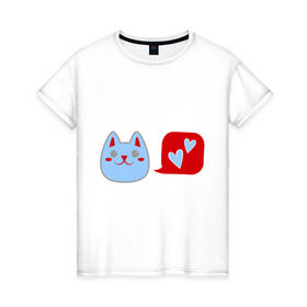 Женская футболка хлопок с принтом Любящий котейка в Курске, 100% хлопок | прямой крой, круглый вырез горловины, длина до линии бедер, слегка спущенное плечо | Тематика изображения на принте: кошки | любовь | любящий котейка | мурка | сердечки