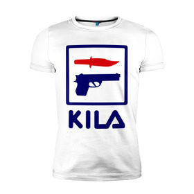 Мужская футболка премиум с принтом Kila в Курске, 92% хлопок, 8% лайкра | приталенный силуэт, круглый вырез ворота, длина до линии бедра, короткий рукав | 23 февраля | kila | выстрел | нож | пистолет | угроза