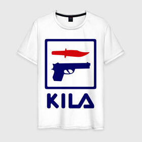 Мужская футболка хлопок с принтом Kila в Курске, 100% хлопок | прямой крой, круглый вырез горловины, длина до линии бедер, слегка спущенное плечо. | 23 февраля | kila | выстрел | нож | пистолет | угроза