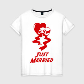 Женская футболка хлопок с принтом Just Married 2 hearts в Курске, 100% хлопок | прямой крой, круглый вырез горловины, длина до линии бедер, слегка спущенное плечо | 