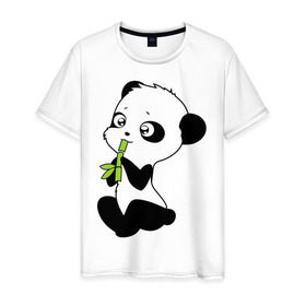 Мужская футболка хлопок с принтом Пандочка и бамбук в Курске, 100% хлопок | прямой крой, круглый вырез горловины, длина до линии бедер, слегка спущенное плечо. | Тематика изображения на принте: панда