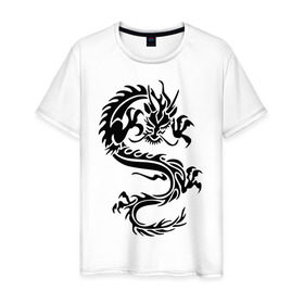 Мужская футболка хлопок с принтом Дракон орнамент в Курске, 100% хлопок | прямой крой, круглый вырез горловины, длина до линии бедер, слегка спущенное плечо. | дракон | дракон орнамент | прикольные картинки 
большой дракон | трайблы и узоры