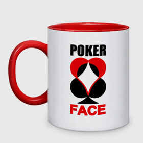 Кружка двухцветная с принтом Poker face в Курске, керамика | объем — 330 мл, диаметр — 80 мм. Цветная ручка и кайма сверху, в некоторых цветах — вся внутренняя часть | poker face | игры | карты | покер