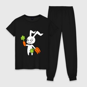 Женская пижама хлопок с принтом Злой зайчик в Курске, 100% хлопок | брюки и футболка прямого кроя, без карманов, на брюках мягкая резинка на поясе и по низу штанин | животные | зайка | злой зайчик | кролик | морковка | прикольные картинки