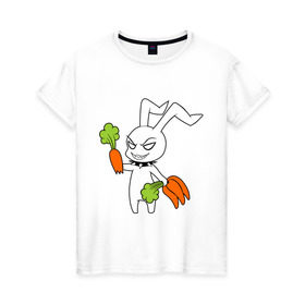Женская футболка хлопок с принтом Злой зайчик в Курске, 100% хлопок | прямой крой, круглый вырез горловины, длина до линии бедер, слегка спущенное плечо | животные | зайка | злой зайчик | кролик | морковка | прикольные картинки