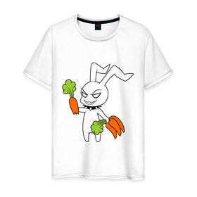 Мужская футболка хлопок с принтом Злой зайчик в Курске, 100% хлопок | прямой крой, круглый вырез горловины, длина до линии бедер, слегка спущенное плечо. | животные | зайка | злой зайчик | кролик | морковка | прикольные картинки