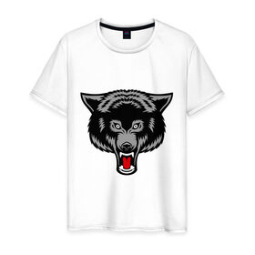 Мужская футболка хлопок с принтом Безжалостный волк в Курске, 100% хлопок | прямой крой, круглый вырез горловины, длина до линии бедер, слегка спущенное плечо. | безжалостный волк | вол | животные | зубы | прикольные картинки | серый