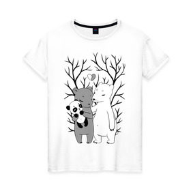 Женская футболка хлопок с принтом Счастливая семья. в Курске, 100% хлопок | прямой крой, круглый вырез горловины, длина до линии бедер, слегка спущенное плечо | панда