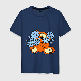 Мужская футболка хлопок с принтом Мишка с цветами в Курске, 100% хлопок | прямой крой, круглый вырез горловины, длина до линии бедер, слегка спущенное плечо. | Тематика изображения на принте: 8 марта | teddy bear | девушкам | мишка | мишка с цветами | подарки | цветы