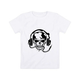 Детская футболка хлопок с принтом Череп с наушниками в Курске, 100% хлопок | круглый вырез горловины, полуприлегающий силуэт, длина до линии бедер | кости | музыка | наушники | прикольные картинки | человечки | череп | череп с наушниками
