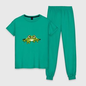 Женская пижама хлопок с принтом Жаба в Курске, 100% хлопок | брюки и футболка прямого кроя, без карманов, на брюках мягкая резинка на поясе и по низу штанин | жаба | лягушка | няшка | позитив и смайлы | прикольные картинки