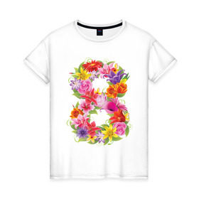 Женская футболка хлопок с принтом 8 марта из цветов в Курске, 100% хлопок | прямой крой, круглый вырез горловины, длина до линии бедер, слегка спущенное плечо | 8 марта | 8 марта из цветов | идеи подарков | любимая | мама | подарок | цветы