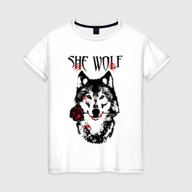 Женская футболка хлопок с принтом Модный дизайн - Настоящая Волчица в Курске, 100% хлопок | прямой крой, круглый вырез горловины, длина до линии бедер, слегка спущенное плечо | волк | волки | модный дизайн | настоящая волчица | прикольные картинки | роза | серый | цветы
