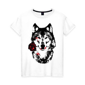 Женская футболка хлопок с принтом Модный дизайн - Волк и Роза в Курске, 100% хлопок | прямой крой, круглый вырез горловины, длина до линии бедер, слегка спущенное плечо | волки | модный дизайн   волк и роза | прикольные картинки | роза | цветы