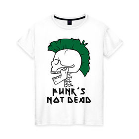 Женская футболка хлопок с принтом Punk’s Not Dead (Панки не умирают) в Курске, 100% хлопок | прямой крой, круглый вырез горловины, длина до линии бедер, слегка спущенное плечо | punk’s not dead | rok | ирокез | кости | музыка | панки | панки не умирают | рок | череп