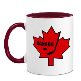 Кружка двухцветная с принтом Canada hockey (Канадский хоккей) в Курске, керамика | объем — 330 мл, диаметр — 80 мм. Цветная ручка и кайма сверху, в некоторых цветах — вся внутренняя часть | canada hockey | калиновый лист | канадский хоккей | спорт | хоккей