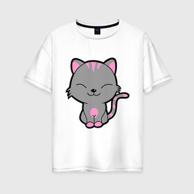 Женская футболка хлопок Oversize с принтом Довольный кот в Курске, 100% хлопок | свободный крой, круглый ворот, спущенный рукав, длина до линии бедер
 | довольный кот | киска | кот | котёнок | котик | коты и кошки | коты мемы | кошки | мурка | серый кот
