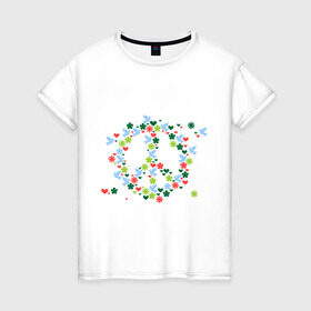 Женская футболка хлопок с принтом Знак мира в Курске, 100% хлопок | прямой крой, круглый вырез горловины, длина до линии бедер, слегка спущенное плечо | бабочки | девушкам | знак мира | пацифистка | цветочки
