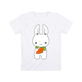 Детская футболка хлопок с принтом Зайчик с морковкой в Курске, 100% хлопок | круглый вырез горловины, полуприлегающий силуэт, длина до линии бедер | Тематика изображения на принте: белый кролик | животные | зайчик | зайчик с морковкой | морковь