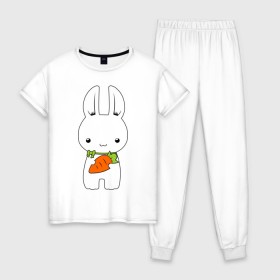 Женская пижама хлопок с принтом Зайчик с морковкой в Курске, 100% хлопок | брюки и футболка прямого кроя, без карманов, на брюках мягкая резинка на поясе и по низу штанин | белый кролик | животные | зайчик | зайчик с морковкой | морковь