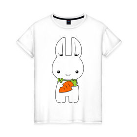 Женская футболка хлопок с принтом Зайчик с морковкой в Курске, 100% хлопок | прямой крой, круглый вырез горловины, длина до линии бедер, слегка спущенное плечо | Тематика изображения на принте: белый кролик | животные | зайчик | зайчик с морковкой | морковь