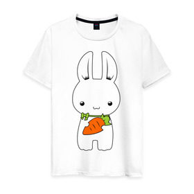 Мужская футболка хлопок с принтом Зайчик с морковкой в Курске, 100% хлопок | прямой крой, круглый вырез горловины, длина до линии бедер, слегка спущенное плечо. | Тематика изображения на принте: белый кролик | животные | зайчик | зайчик с морковкой | морковь
